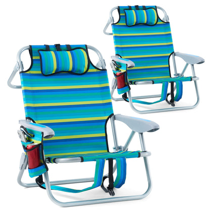 Folding Beach Chair Lay Flat Camping Chair for Adults 4 Position Adjustable Backpack Chair with Cup Holder Towel Bar Cooler Pouch