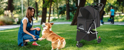 3-Wheel Pet Stroller for Small & Medium Dogs Cats – Foldable Jogger Stroller with Weather Cover, Storage Basket & Cup Holder