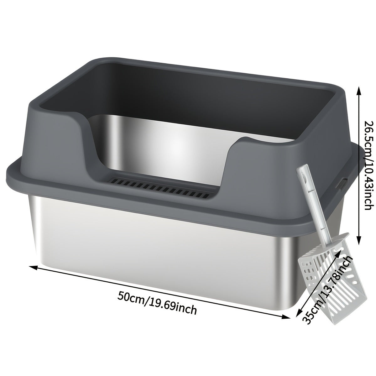 Stainless Steel Cat Litter Box with High-Wall Surround, Front Step, Scoop and 8.46- or 10.43-Inch Wall Options