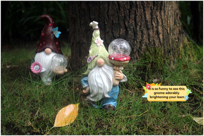 Solar Garden Gnome Statue with LED Magical Ball Light Outdoor Resin Dwarf Sculpture IP44 Waterproof Spring Yard Patio Decor Housewarming