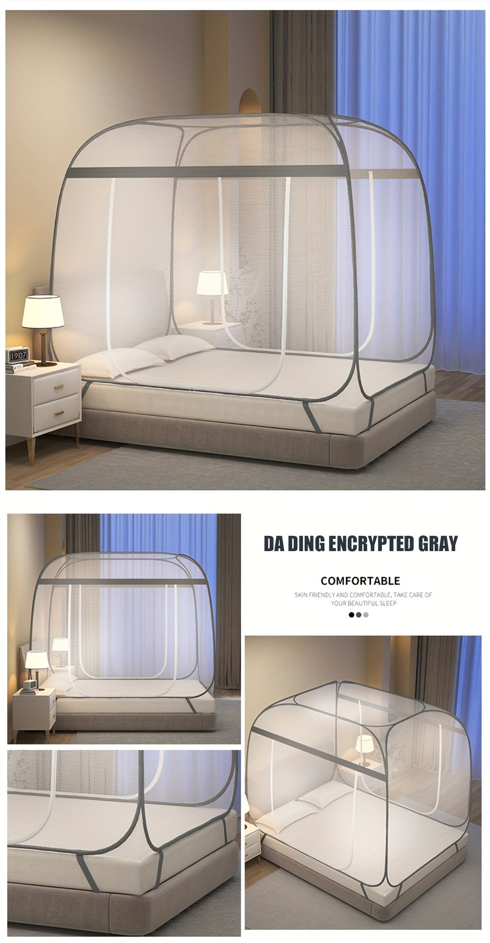 Mosquito Net Canopy Bed, Yurt Style 360° Full Coverage, Stainless Steel Frame, Easy Open Design for Bedroom