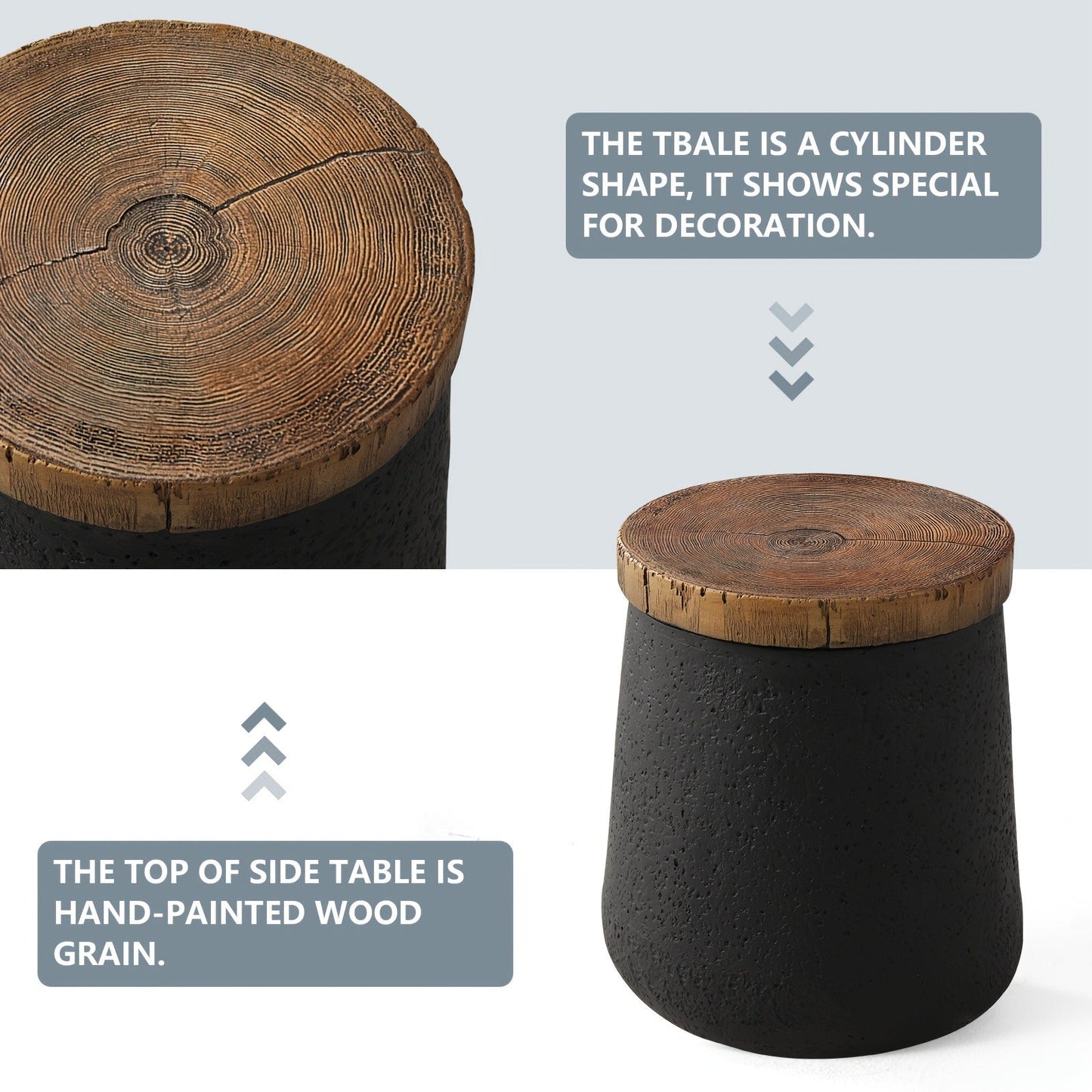 Outdoor Side Table 17-Inch Concrete Design with Wood-Look Top in Black, Hourglass and Compact Options