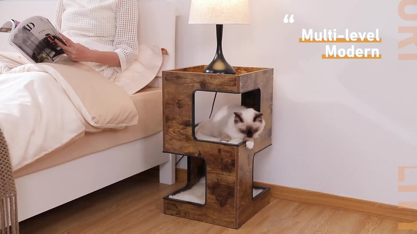 Cat Tree Small Modern 23.6" Wood Cat Tower Furniture with Scratching Pad Removable Soft Mats & Free Cat Toy for Indoor Kittens