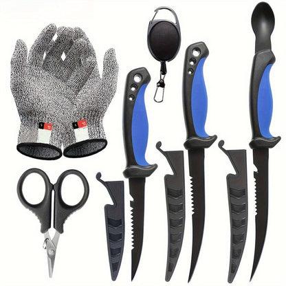 Fishing Knife Set 3-Piece Stainless Steel Fillet Boning Knife with Cut Resistant Gloves Fishing Line Cutter Stretch Rope for Fishing Camping