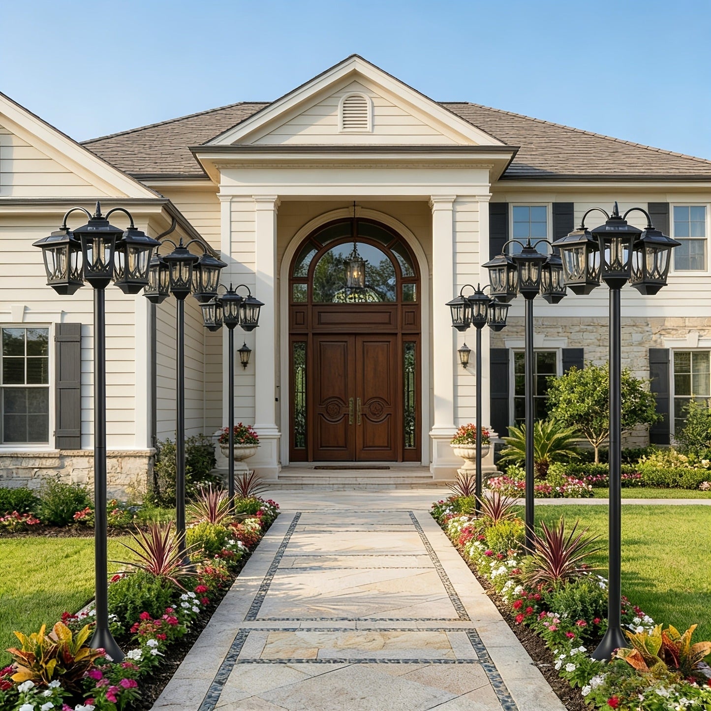 Three-Head Solar Lamp Post, Up to 73 Inches with Four Height Settings and 3000K Light Label