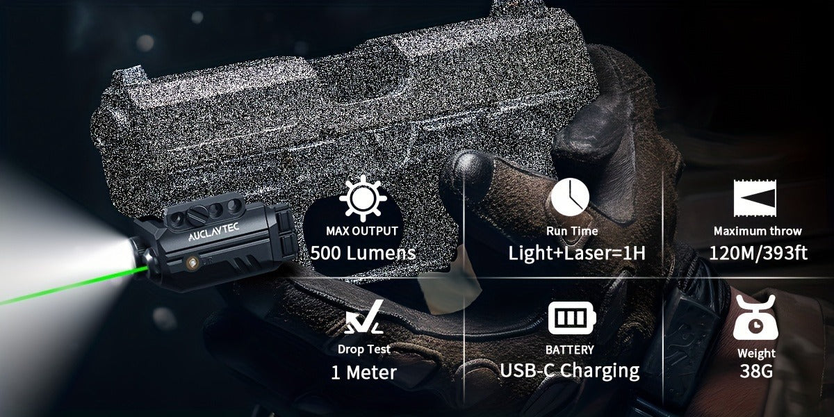 Pistol Light Laser Combo 500 Lumens – Green Red Blue Laser Sight, 5 Modes, USB-C Rechargeable, Fits Subcompact & Compact Handguns