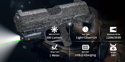 Pistol Light Laser Combo 500 Lumens – Green Red Blue Laser Sight, 5 Modes, USB-C Rechargeable, Fits Subcompact & Compact Handguns