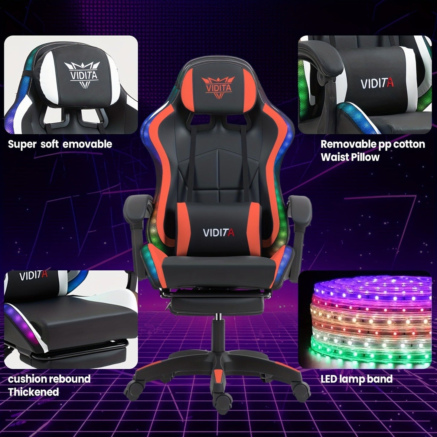 RGB Gaming Chair with LED Lights Footrest Ergonomic Gaming Chair with Massage Lumbar Support Reclining Video Game Chair for Adults Home