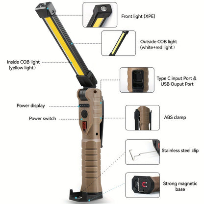 Foldable Black and Khaki Work Light Multipacks with Pivoting COB Bar and Pictured Charging Cables