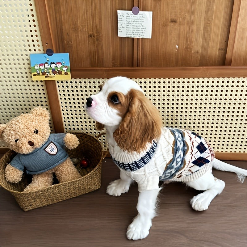 Cable Knit Dog Sweater Turtleneck – Thick Warm Winter Pet Pullover with Fair Isle Pattern, Cozy Cold Weather Knitwear