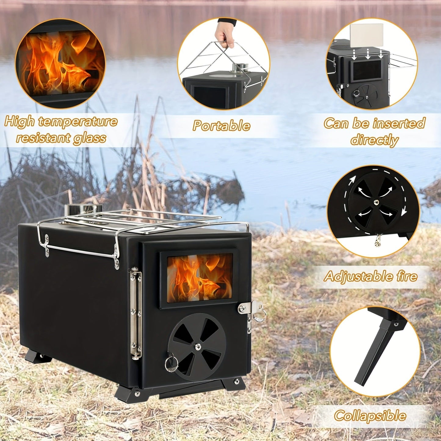 Wood Burning Camp Stove with Chimney Pipe Portable Outdoor Camping Stove for Cooking, BBQ, Boiling Water & Heating
