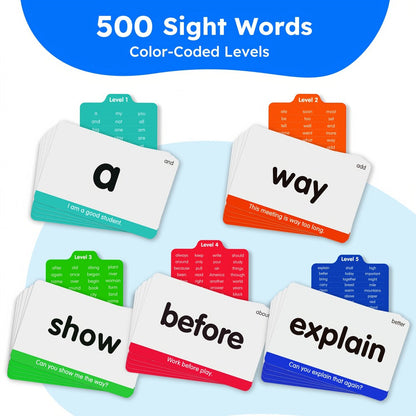 Sight Words Flash Cards 500 Cards & 150 Phonics Cards Set 1000+ Dolch Fry High Frequency Words CVC Blends Long Vowels | Learn to Read Cards