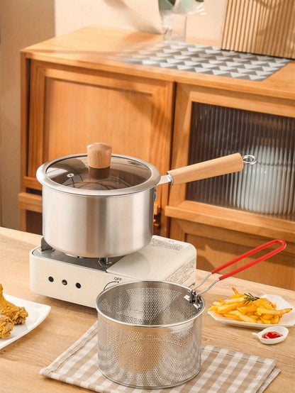 Stainless Steel Deep Fryer Pot Set with Frying Basket & Glass Lid, Non-Stick Multi-Function Cookware for Deep Frying, Noodles