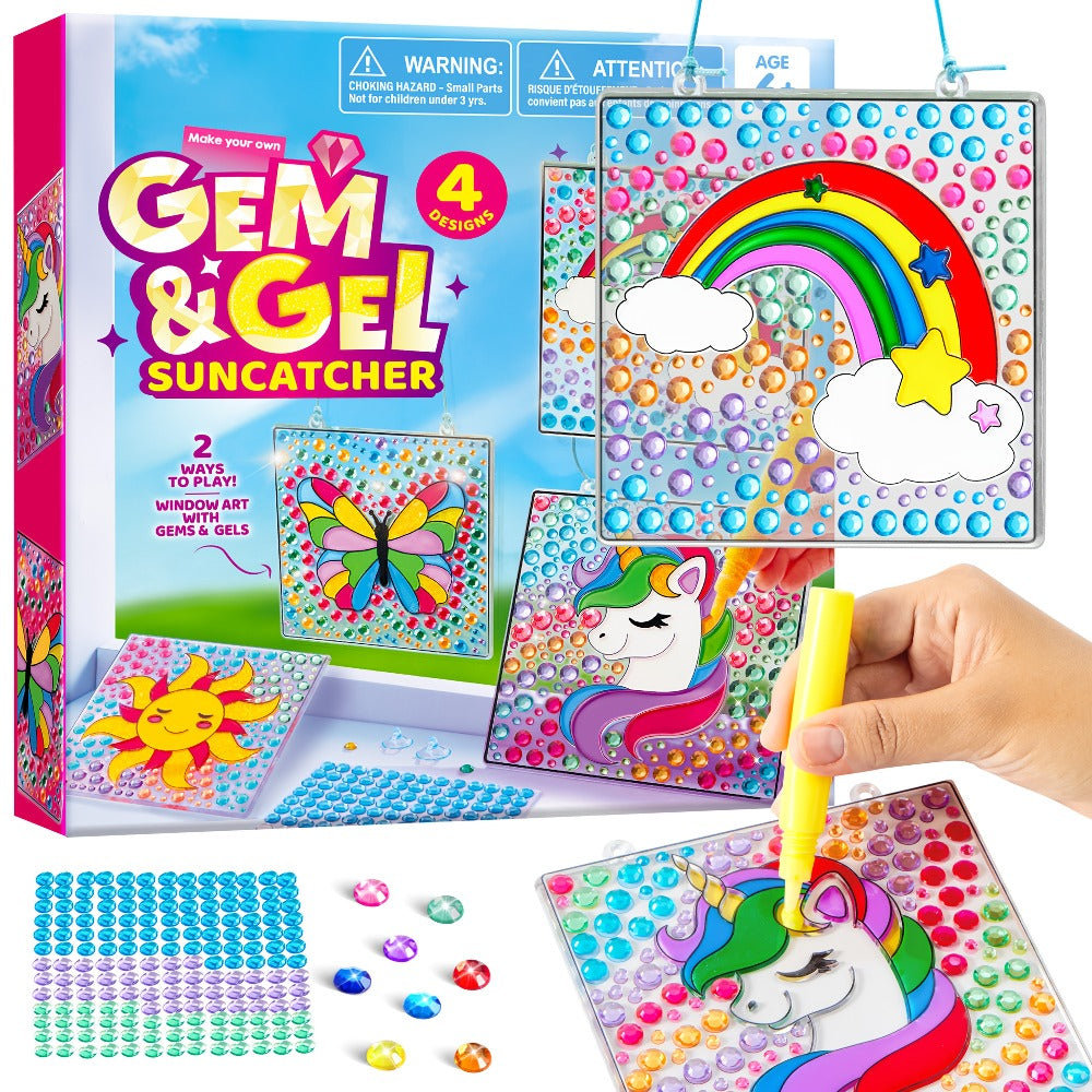 Suncatcher Painting Kit 4pcs for Kids, 2-in-1 Window Art with Gem Stickers & Paint Pens, Butterfly Unicorn Rainbow Sun Designs