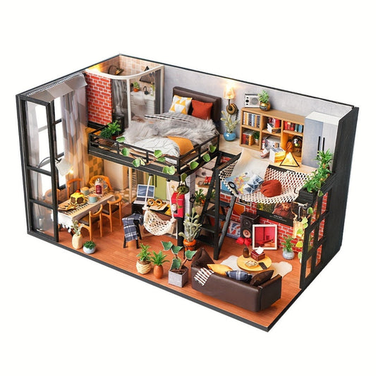 DIY Dollhouse Kit 2 Story with Dust Cover, Handmade Miniature House Model with Furniture Parts, No Glue No Batteries