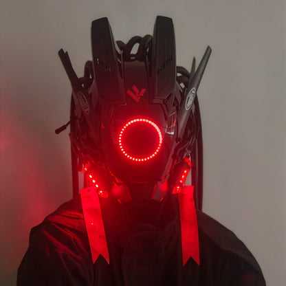 LED Cyberpunk Samurai Mask with Braids, Futuristic Sci-Fi Mechanical Face Mask for Halloween, Cosplay