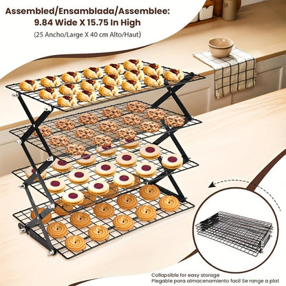 4-Tier Collapsible Cooling Rack Set with Muffin Cups – Metal Wire Baking Rack for Cookies Cakes for Grilling, Camping and Outdoor Meals