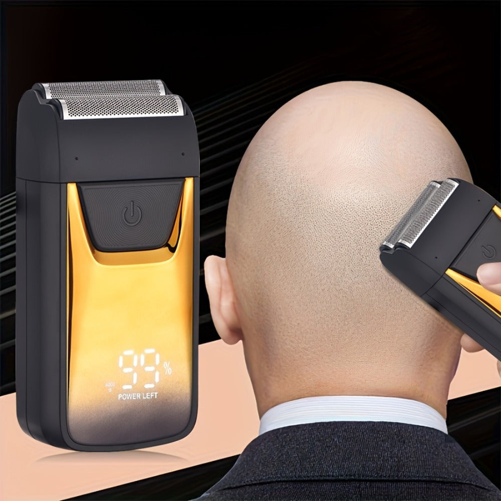 Golden-and-Black Electric Foil Shaver with Rectangular Head, Front Display and Charging Stand