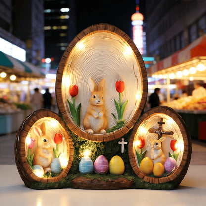 Handmade Resin Easter Egg Ornament - Painted Tulip Rabbit & Cross Decoration, Glowing Home Decor Accent for Easter