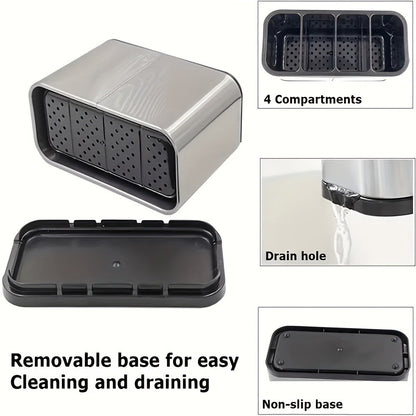 Utensil Holder Stainless Steel Cutlery Organizer 4-Compartment Countertop Caddy Anti-Slip for Home Cooking, Dining and Outdoor Meals