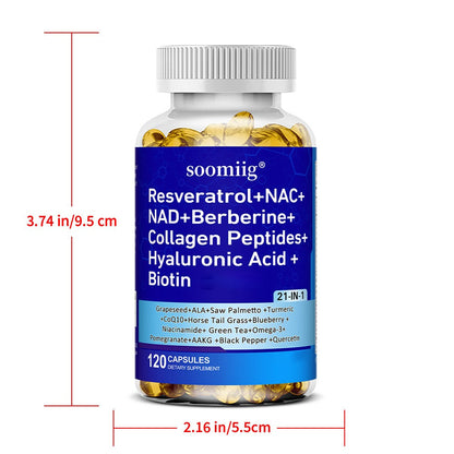 Resveratrol & NAC Supplement 120 Capsules with NAD, Collagen Peptides, Hyaluronic Acid, CoQ10, Quercetin & Omega-3