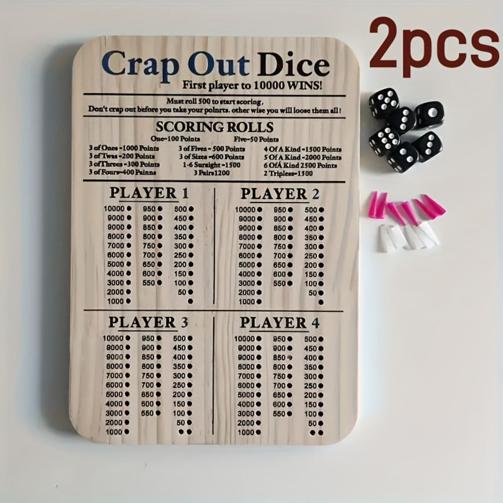 Crap Out Dice Score Board Game 2pcs – 10 Inch Wooden Dice Scoreboard with 6 Dice & 12 Scoring Pegs, Fun Family Dice Game for 1-4 Players