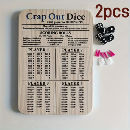 Crap Out Dice Score Board Game 2pcs – 10 Inch Wooden Dice Scoreboard with 6 Dice & 12 Scoring Pegs, Fun Family Dice Game for 1-4 Players