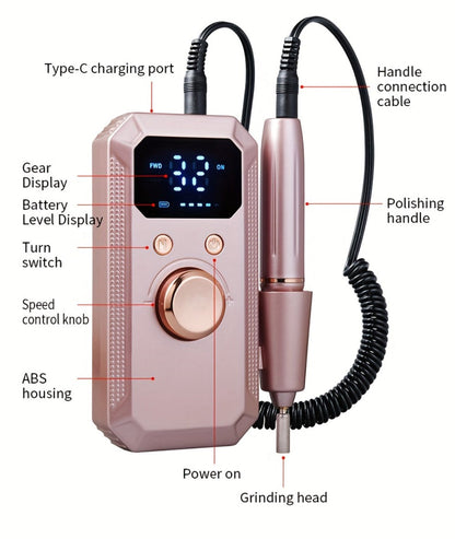 Electric Nail Drill Rechargeable Kit with Display, 11 Grinding Heads, 20 Sanding Rings and Three Colors