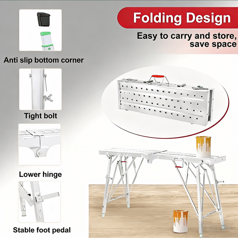 Aluminum Work Platform Height Adjustable Folding Portable Scaffold Bench Wide Base Safety Railing for Garden, Patio and Yard Use