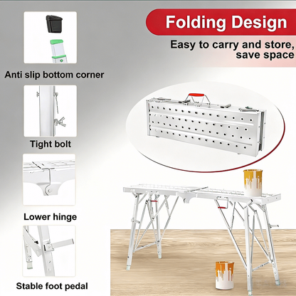 Aluminum Work Platform Height Adjustable Folding Portable Scaffold Bench Wide Base Safety Railing for Garden, Patio and Yard Use
