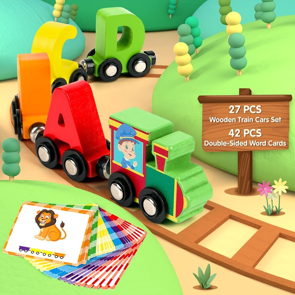 Magnetic Wooden Alphabet Train Set 27PCS ABC Letter Learning Toy with 42 Double-Sided Flash Cards