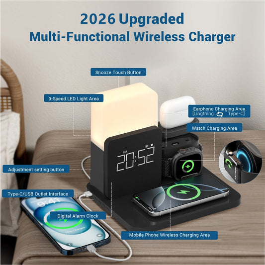 Wireless Charging Station, 3-in-1 Bedside Dock with Alarm Clock for iPhone and Samsung Galaxy Phones