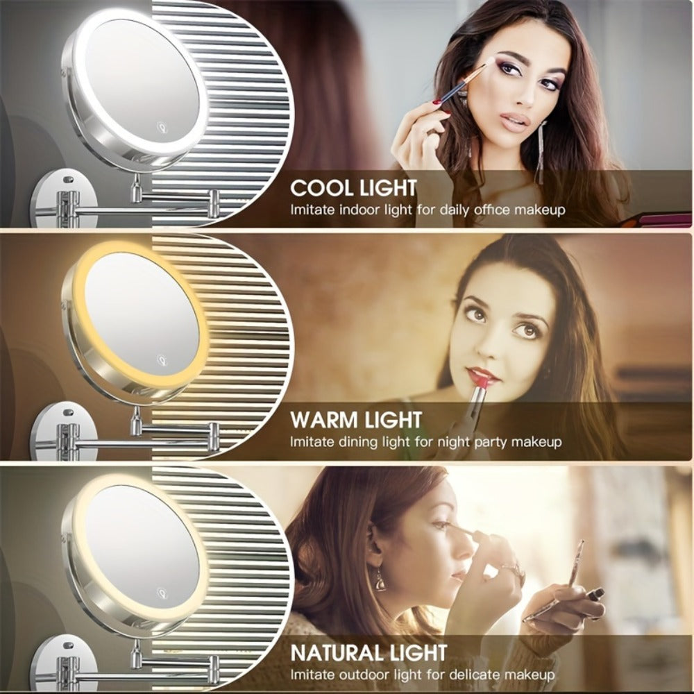 Makeup Mirror with Lights, Wall-Mounted 8-Inch Dual-Sided 1X and 10X with Three Light Colors, Touch Dimming and USB Charging