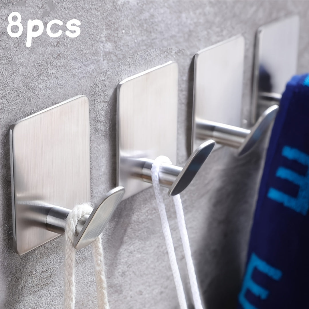 Adhesive Wall Hooks 8-Pack – Stainless Steel No-Drill Towel Hook for Bathroom Kitchen Bedroom Coat Hat Key Holder