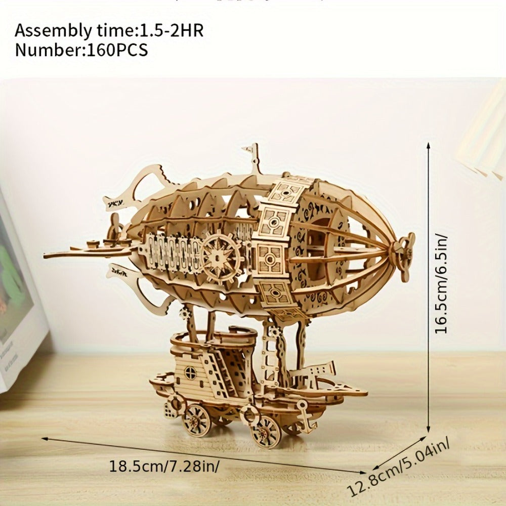 Steampunk Wooden Airship Model Kit with 160 Pieces and Pictured 18.5 x 12.8 x 16.5 cm Assembled Size