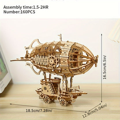 Steampunk Wooden Airship Model Kit with 160 Pieces and Pictured 18.5 x 12.8 x 16.5 cm Assembled Size
