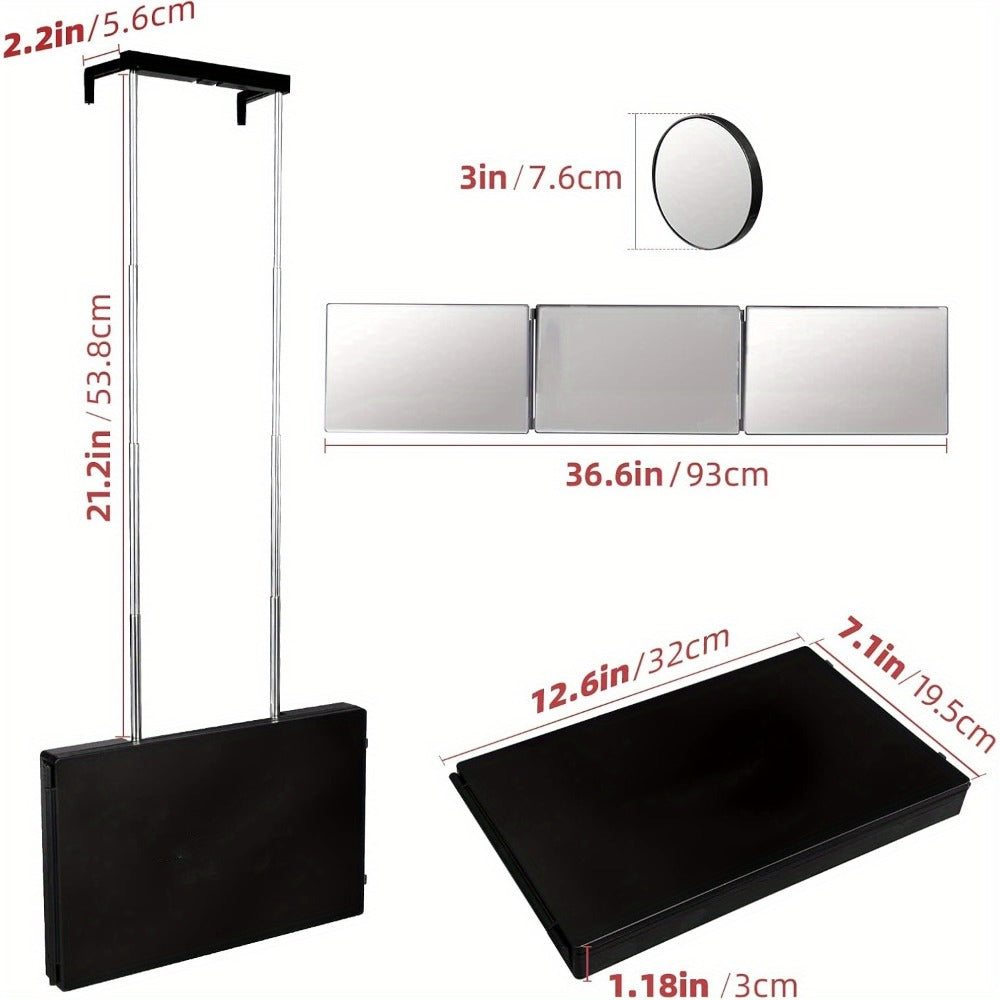 Hair Cutting Mirror 3 Way with LED Light – 360° View Trifold Barber Mirror, Adjustable Height, Door Hang Wall Mount or Tabletop