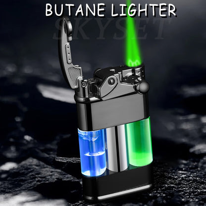 Green Flame Metal Lighter Windproof, Refillable Butane Gas Lighter with Adjustable Flame, Fuel Window & Rocker Arm Ignition