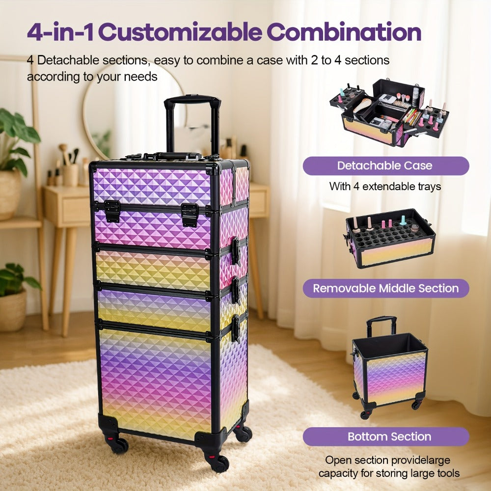 Rolling Makeup Train Case 4-in-1 Large Portable Cosmetic Trolley with 360 Degree Swivel Wheels Beauty Sponge Included Professional Salon