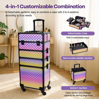 Rolling Makeup Train Case 4-in-1 Large Portable Cosmetic Trolley with 360 Degree Swivel Wheels Beauty Sponge Included Professional Salon