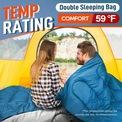 Double Sleeping Bag XL with Pillow for Two Adults – 2-Person Couple Sleeping Bag for Year-Round Camping, Hiking & Backpacking in Cold & Warm