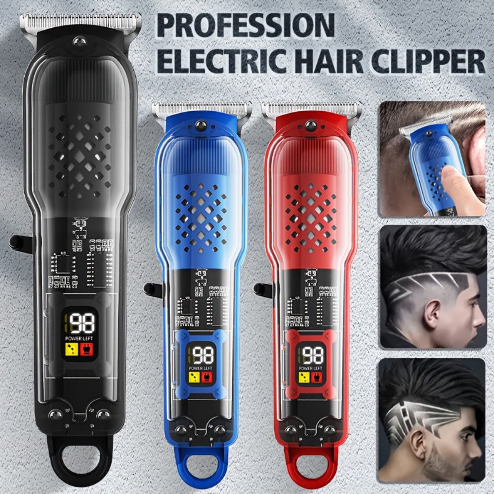 Transparent Electric Hair Clipper with Digital Display, Four Guide Combs, Grooming Tools and Red, Black or Blue Finish