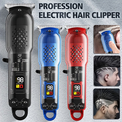 Transparent Electric Hair Clipper with Digital Display, Four Guide Combs, Grooming Tools and Red, Black or Blue Finish