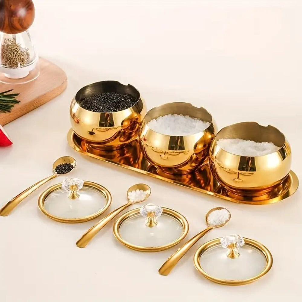 Golden Stainless Steel Seasoning Jar Set 2 or 3pcs Spice Containers with Lid and Spoon for Home Cooking, Dining and Outdoor Meals