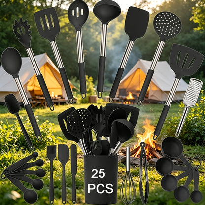 Silicone Kitchen Utensil Set with 25 Tools and Accessories, Holder and Grey, Black or Coffee Colors