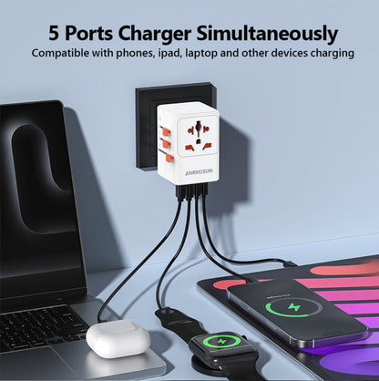 65W Universal Travel Adapter with 4 USB Ports - 2 USB-C & 2 USB-A Fast Charging, US EU UK AU Plugs