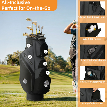Golf Cart Bag 14-Way Full Length Dividers Protect Clubs 8 Zippered Pockets Cooler Pocket Valuables Pocket Ergonomic Shoulder Straps Rain
