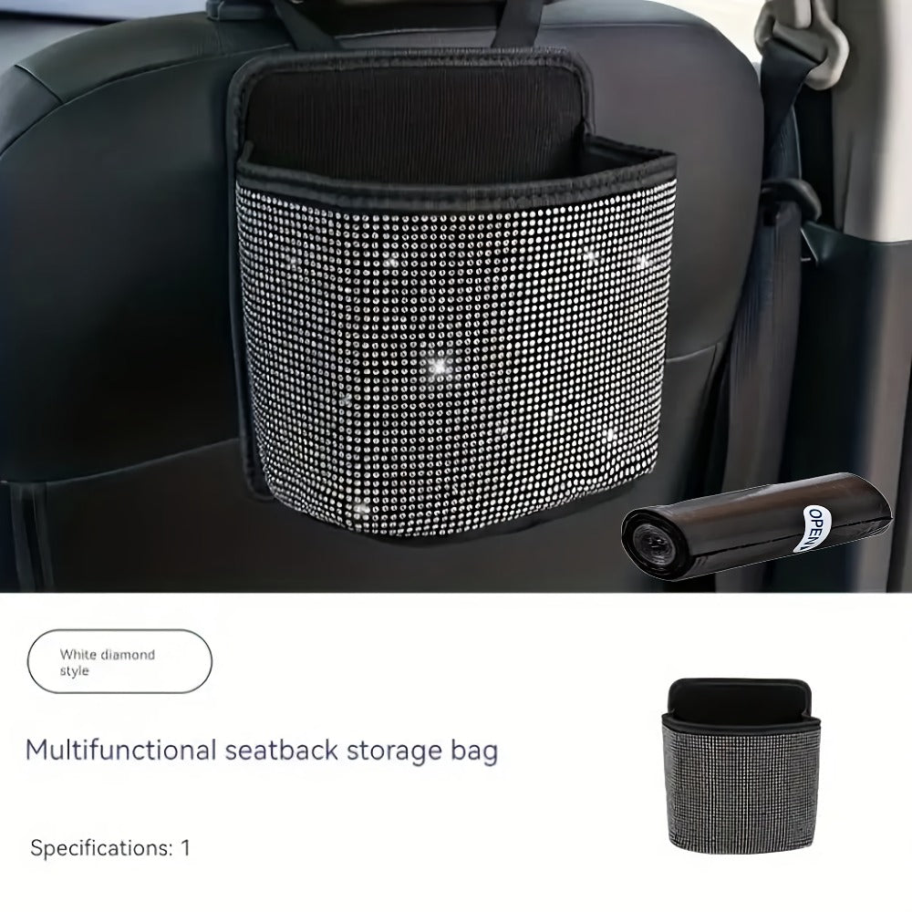 Hanging Rhinestone Car Trash Bin with Seat-Back Strap, 18 × 21 × 10 cm Size and One Liner Bag