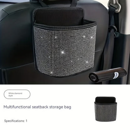Hanging Rhinestone Car Trash Bin with Seat-Back Strap, 18 × 21 × 10 cm Size and One Liner Bag