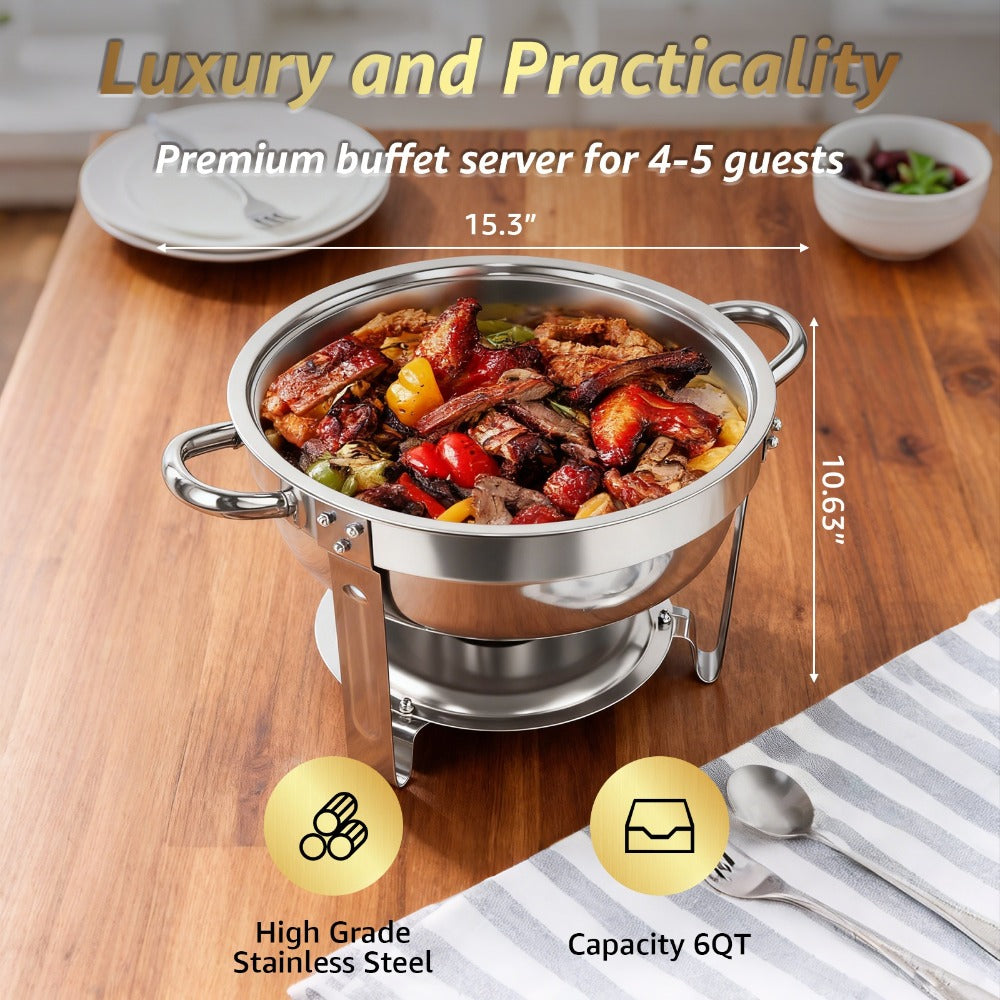 Golden Chafing Dish Buffet Set with Glass Lid 6QT Round Stainless Steel Food Warmer Chafer for Catering Party Dinners Weddings